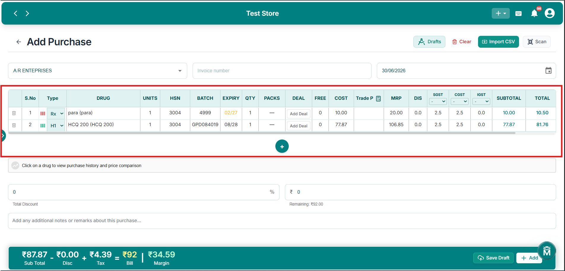 Purchase Table