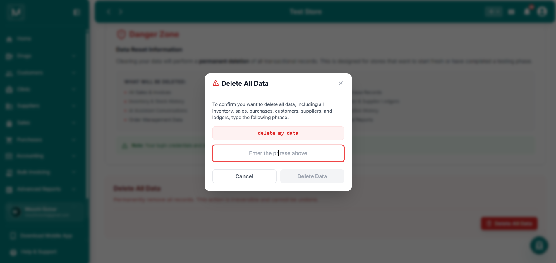 Delete All Data Confirmation