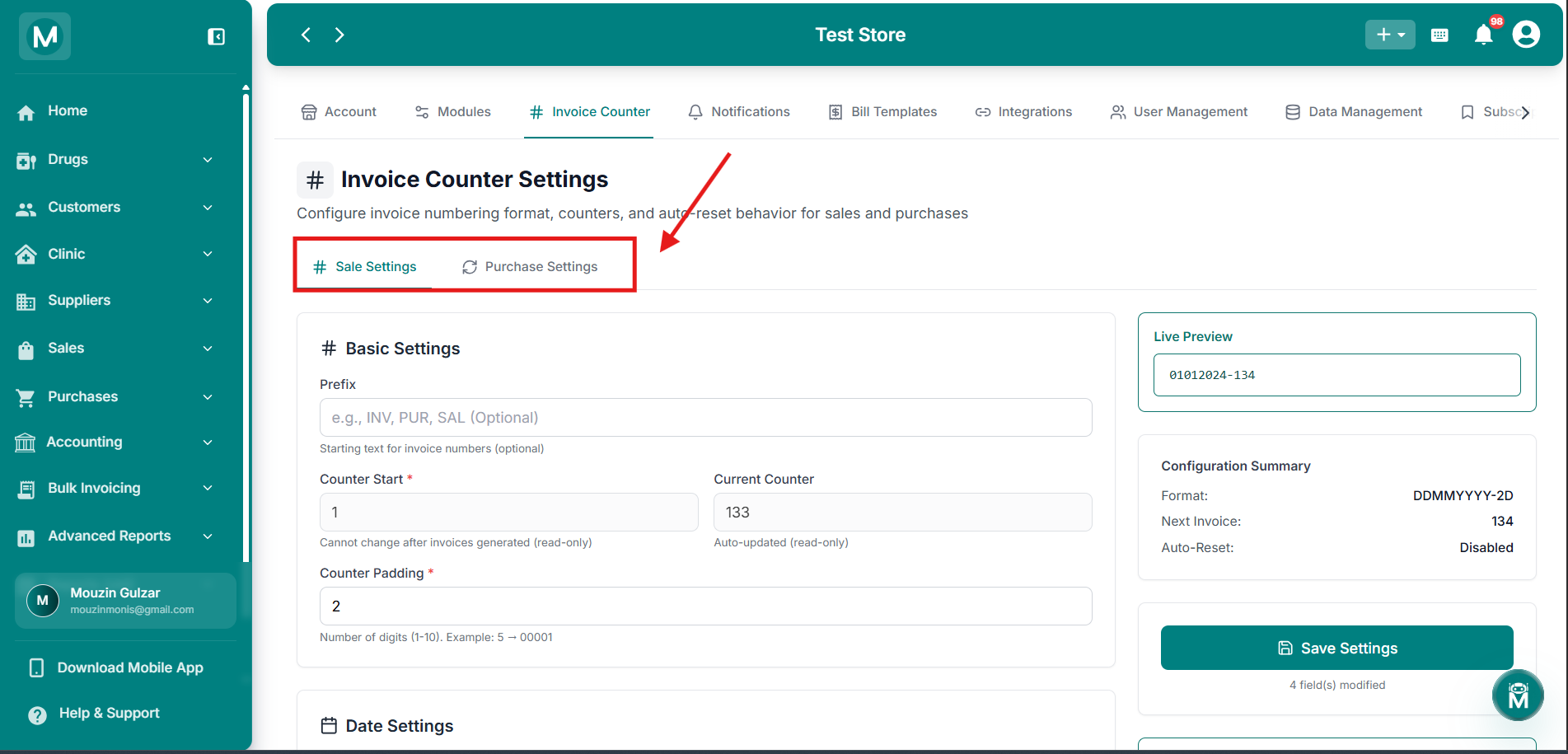 Sale Settings and Purchase Settings