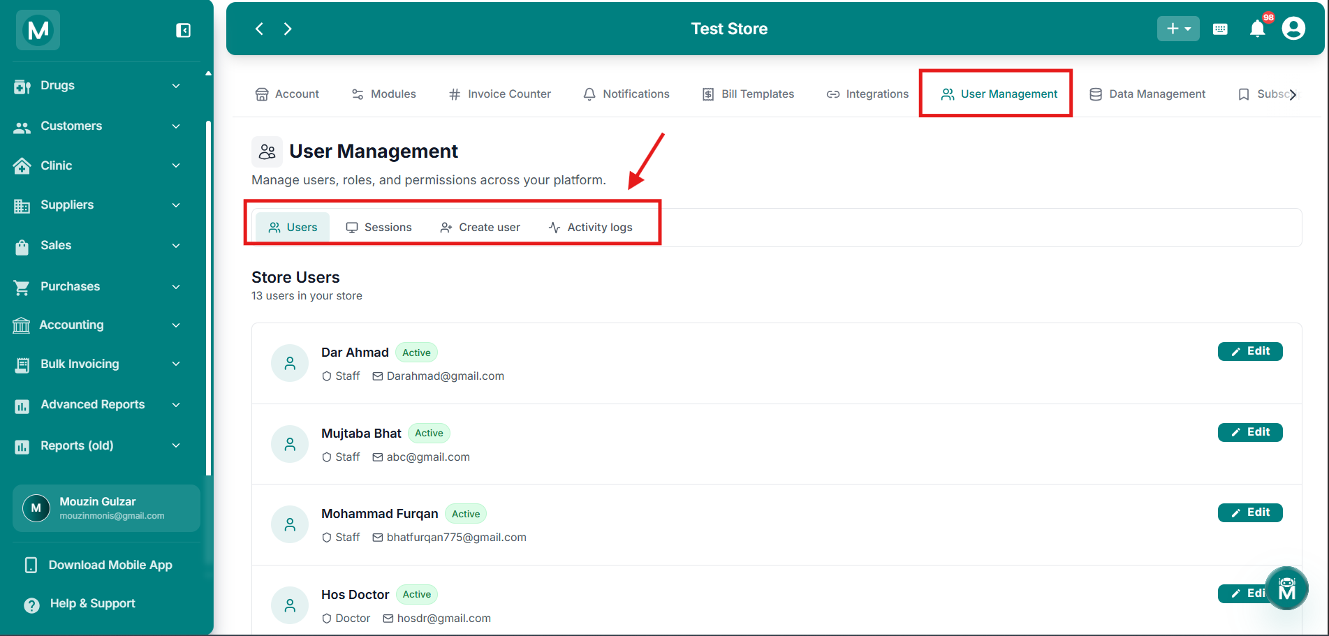 User Management Tabs