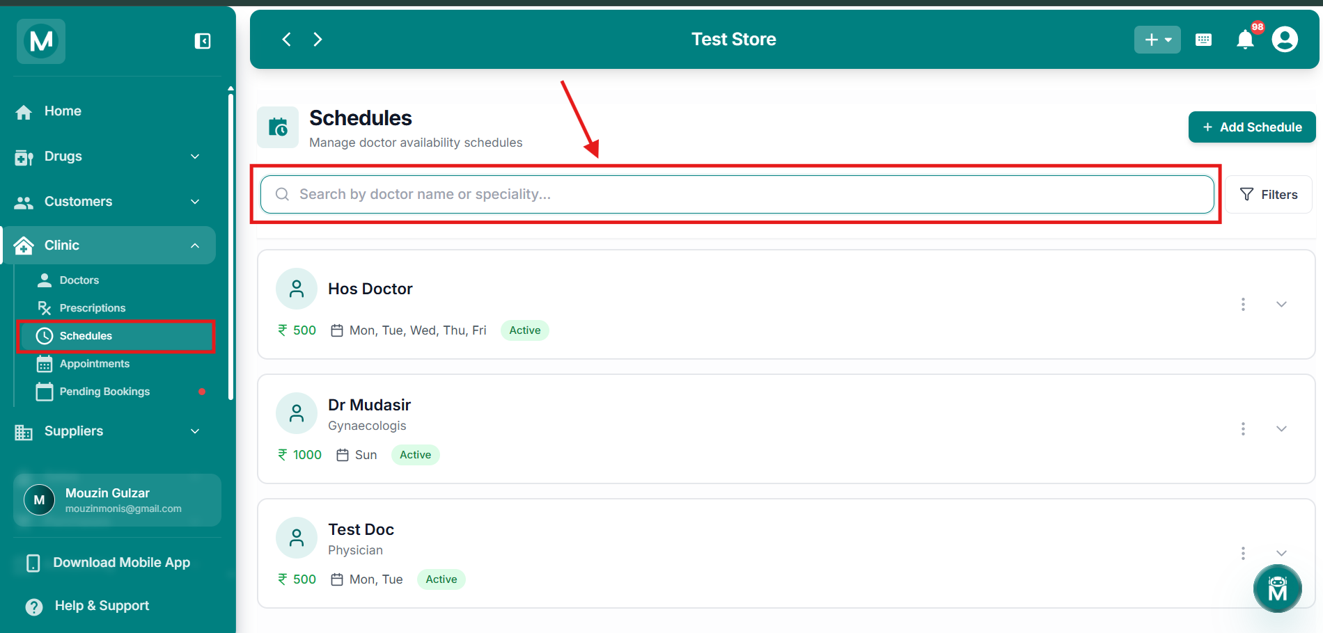 Schedules search bar