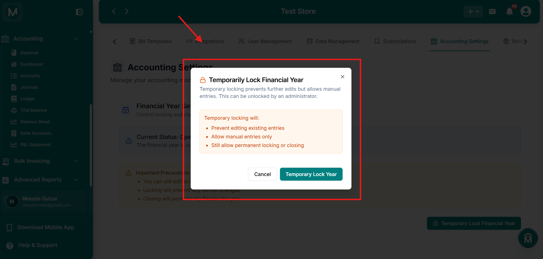 Temporarily Lock Financial Year dialog
