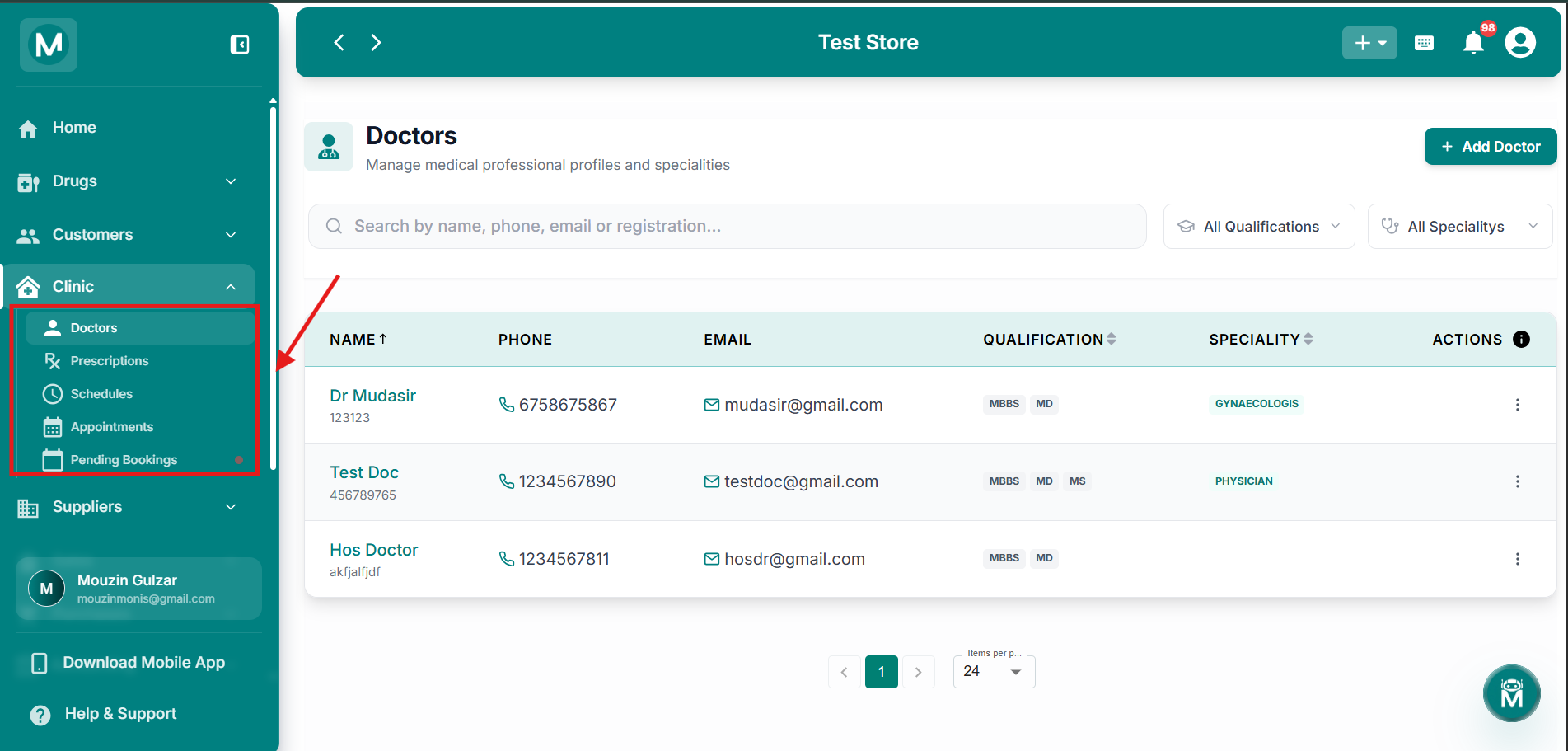 Clinic Sidebar Navigation