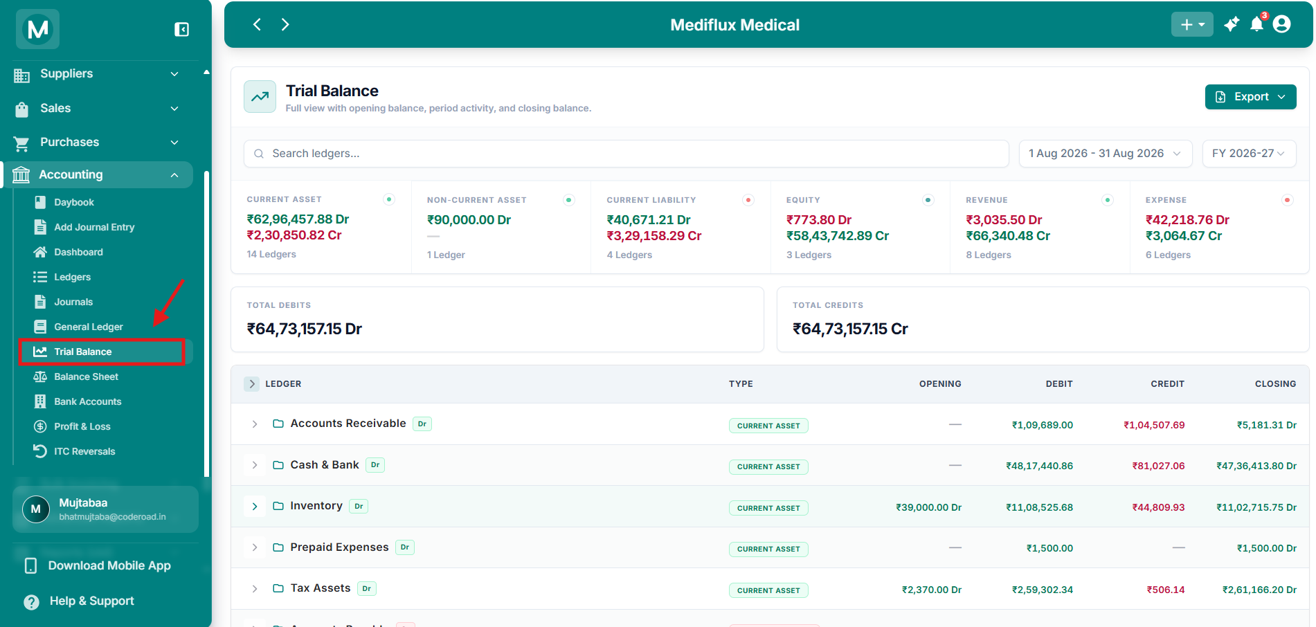 Trial Balance page showing all account categories with debit and credit totals
