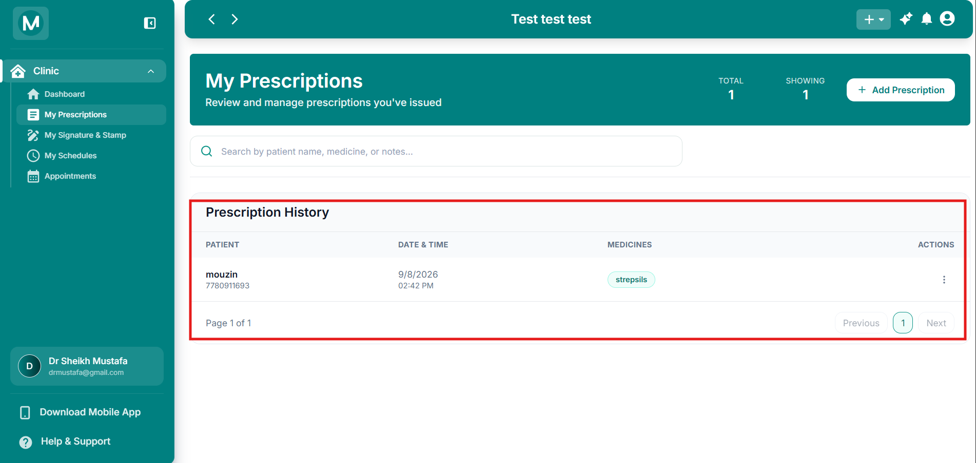 Prescription History table