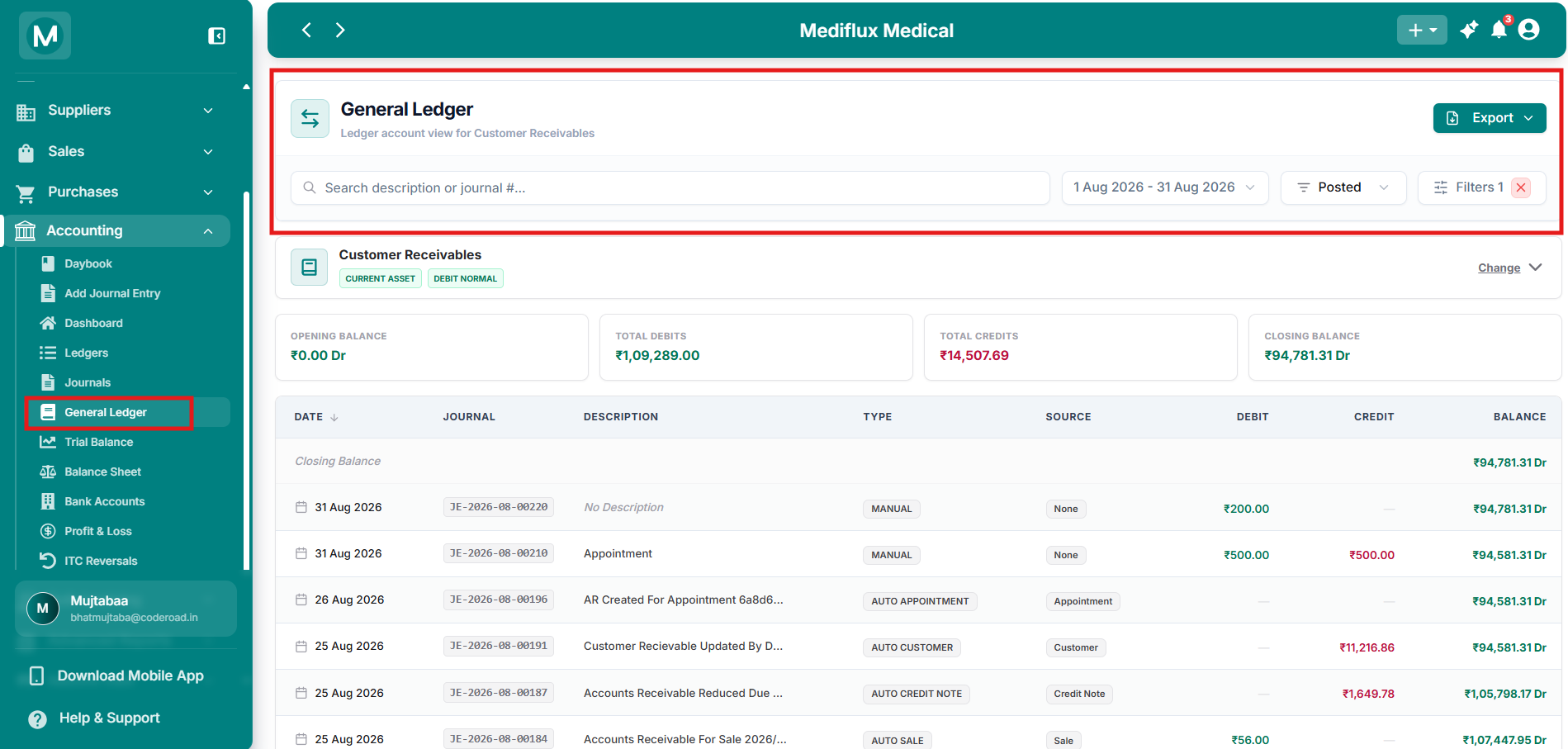 Filter bar on the General Ledger page