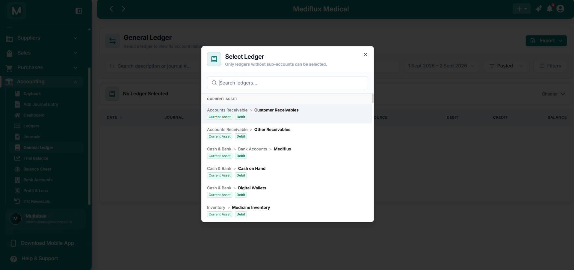 Select Ledger dialog showing leaf-level accounts with breadcrumbs