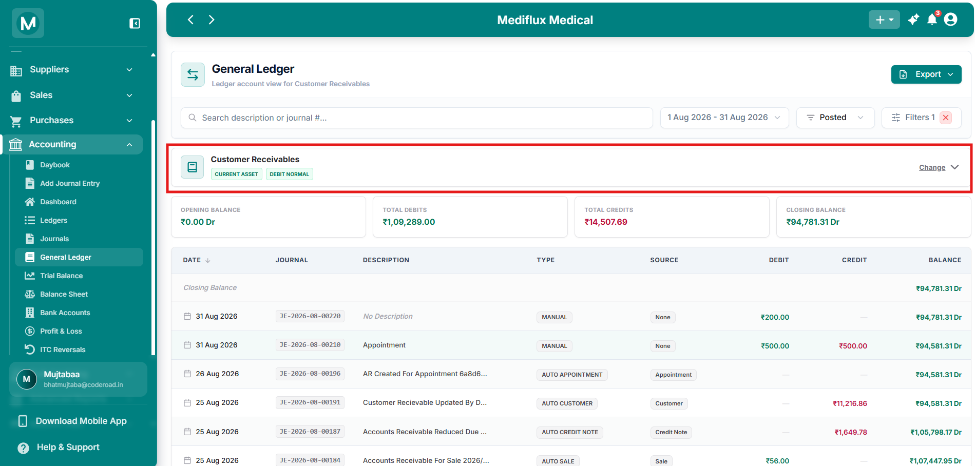 General Ledger page for Customer Receivables showing transaction history