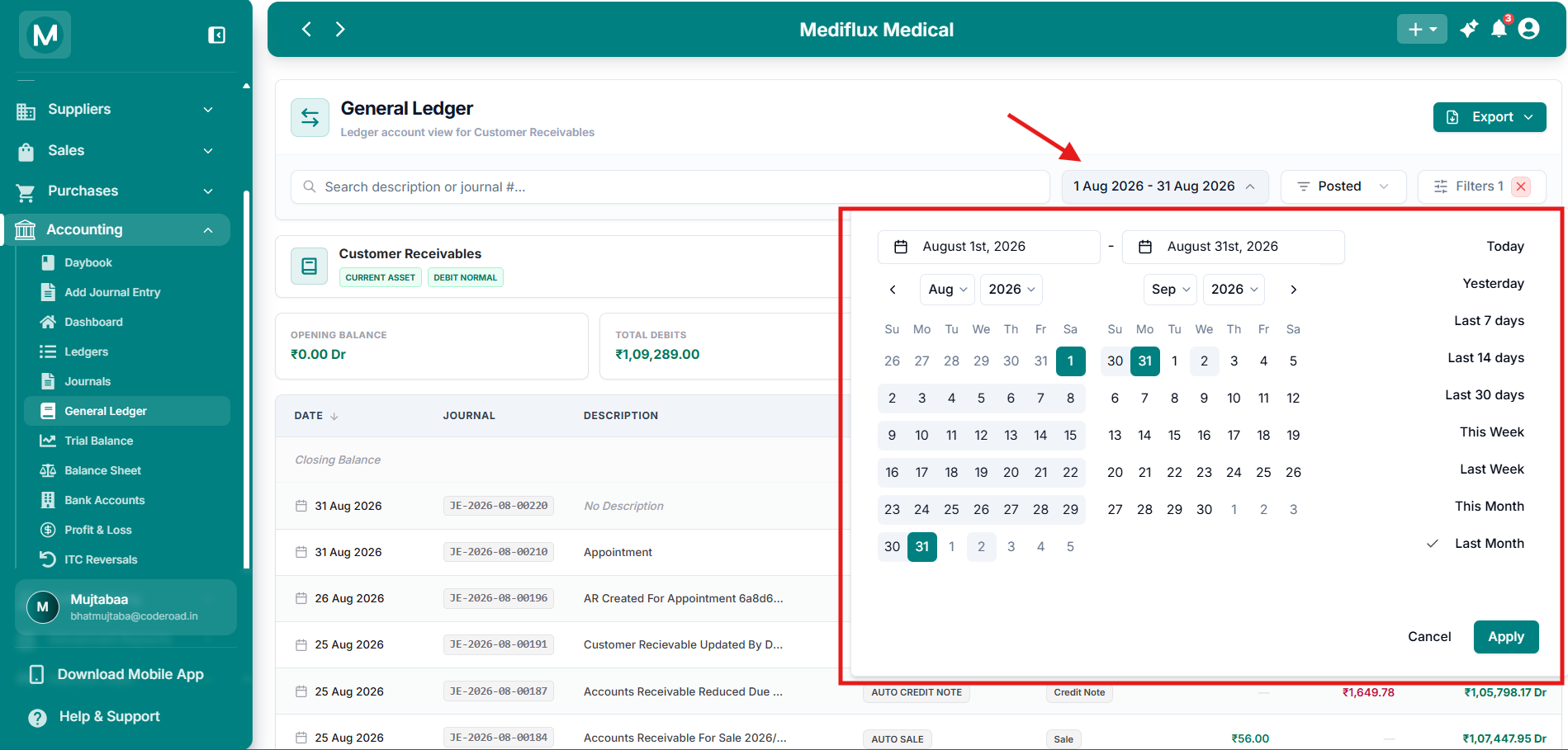 Date range picker on General Ledger