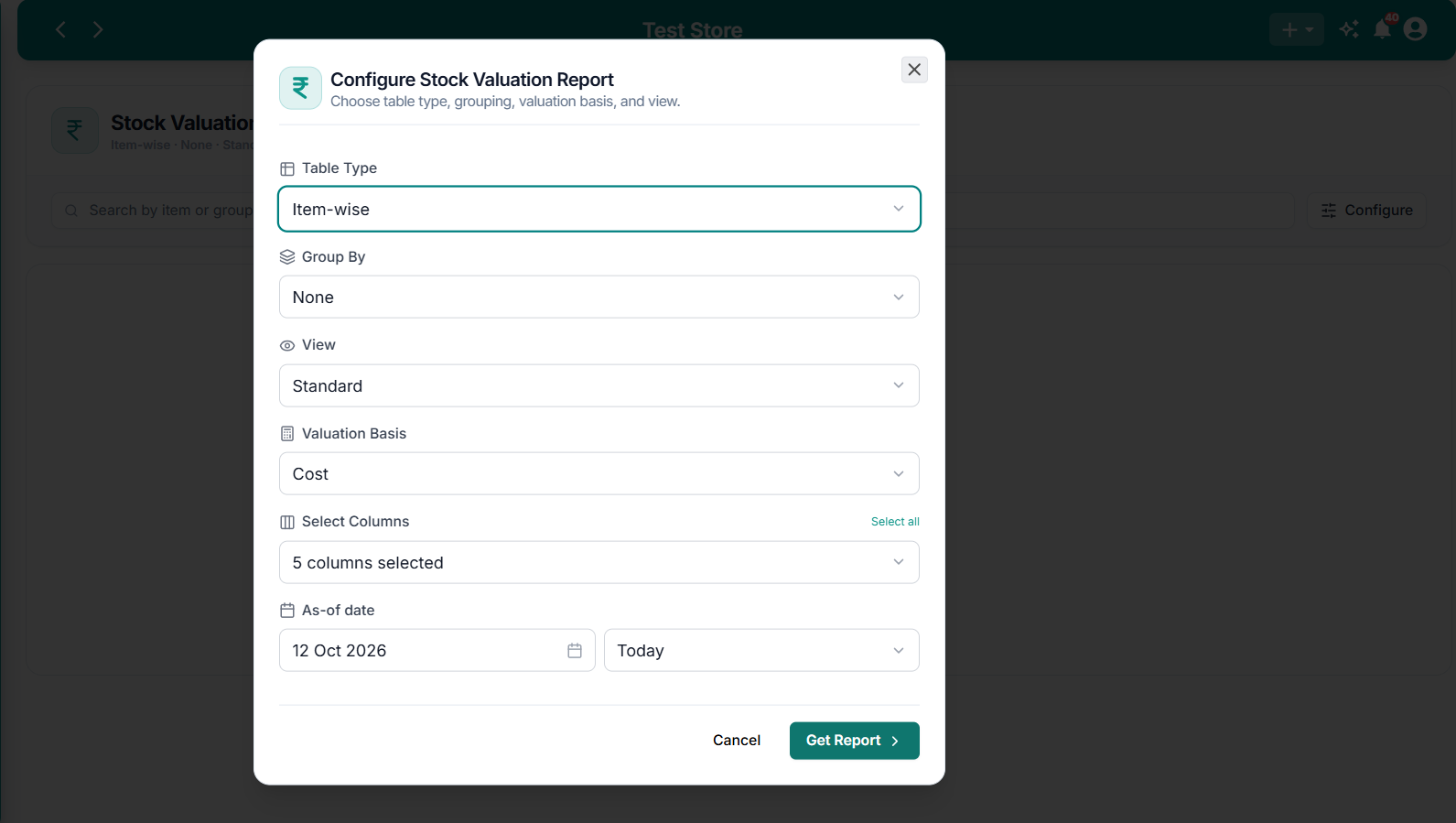 Configure Stock Valuation Report